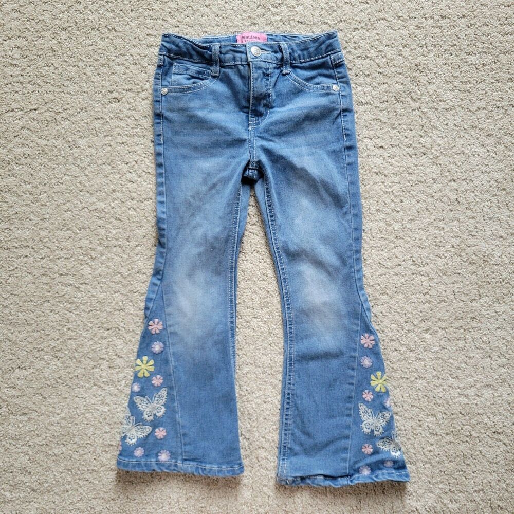 Vintage Girls Y2K Embroidered Flare Jeans Size 5 Butterfly Boho Pants 90s Fairy